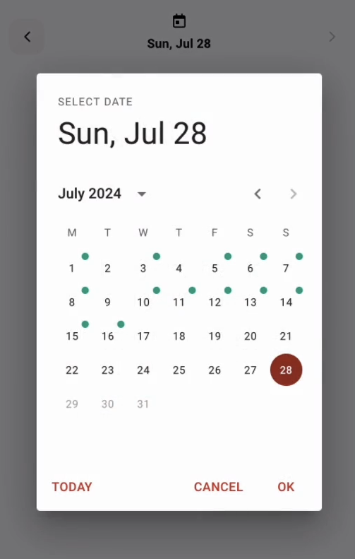 View of the calendar with highlighted days